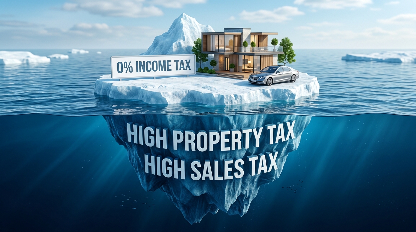 Infographic showing hidden costs like property and sales tax under a 0% income tax iceberg for 2026 guide