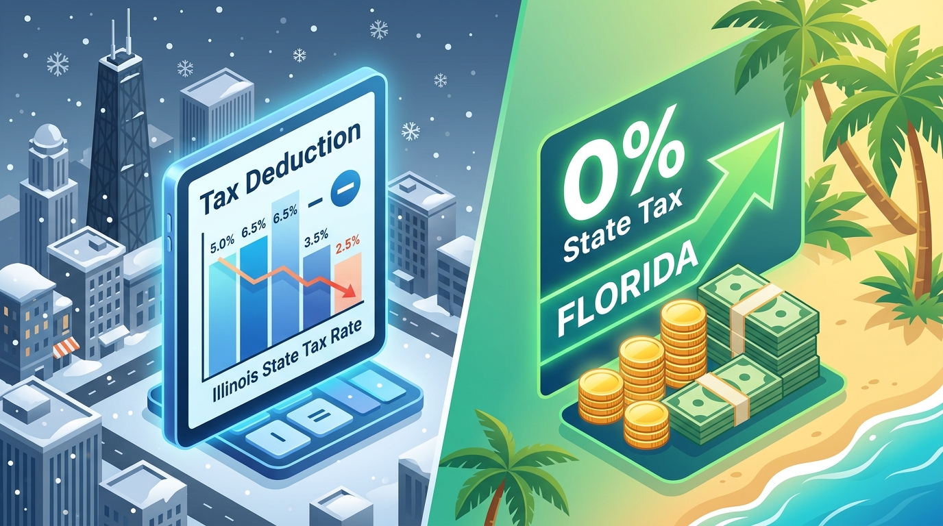 Illinois to Florida tax calculator comparison showing 0 percent state income tax savings in 2026