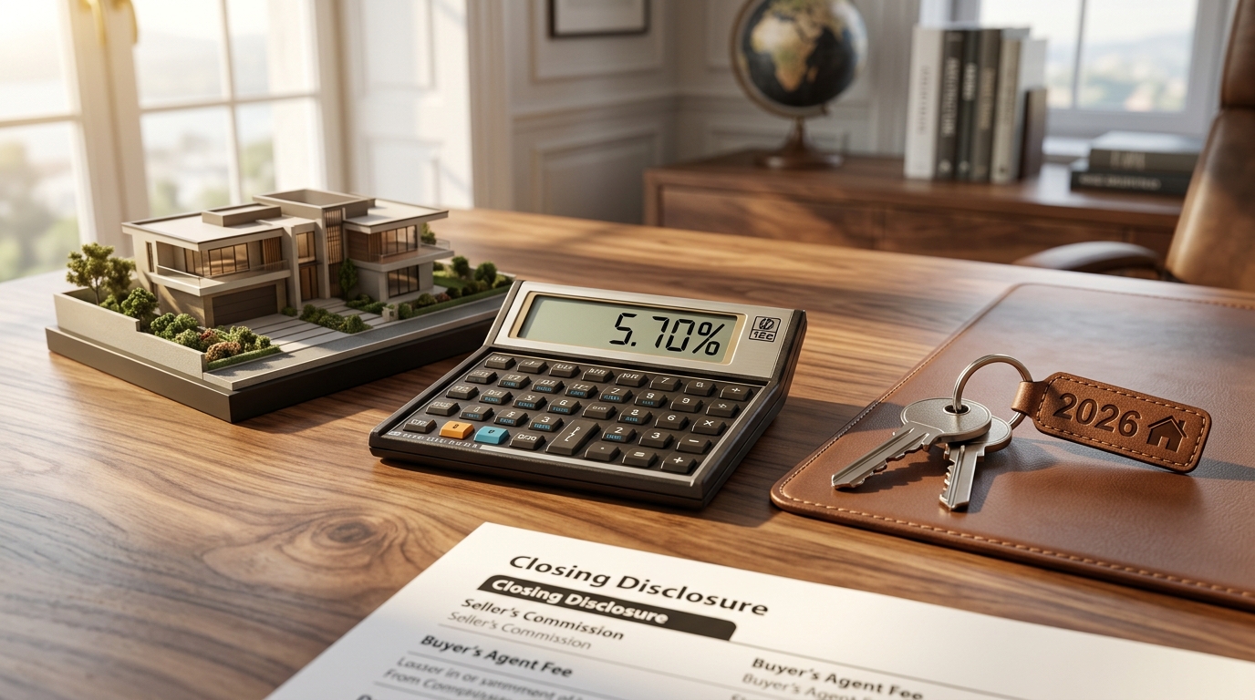 Physical calculator showing 2026 realtor commission rates next to house keys and closing documents after NAR settlement